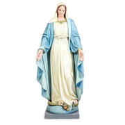 Virgin Mary statue in classical old world European style, standing with open arms on a pedestal adorned with stars and a serpent. Side View