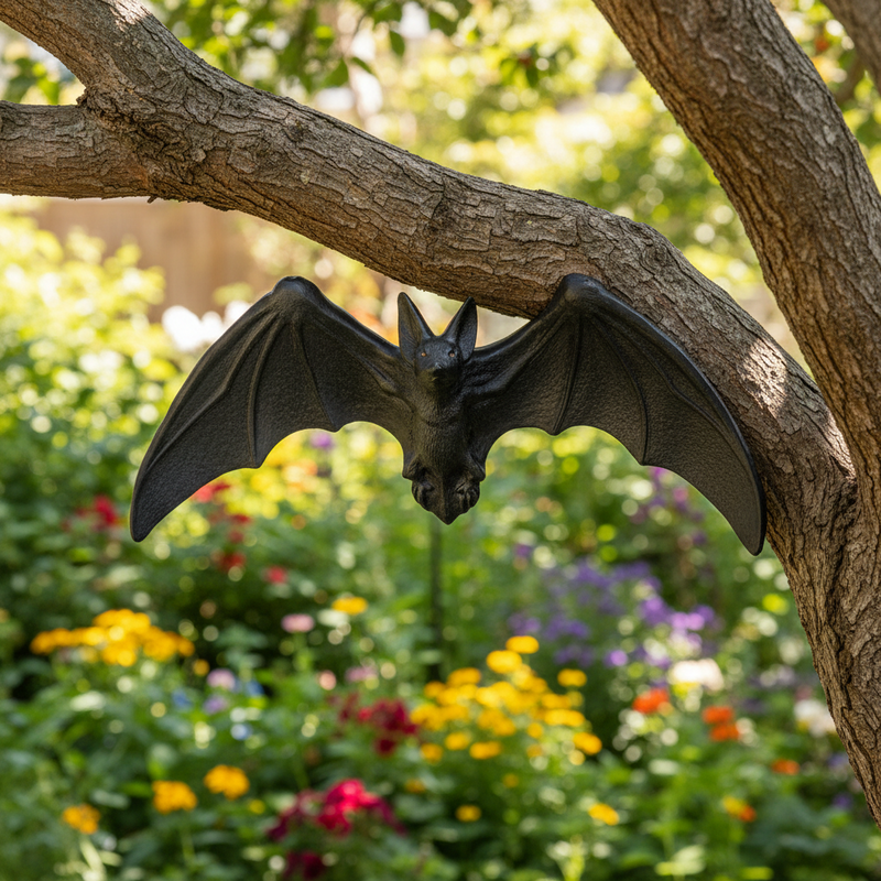 Bat wall decor with outstretched wings, featuring Gothic and medieval-inspired ornate detailing and dramatic silhouette. Side Angle