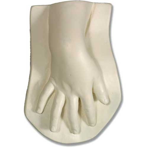Classical Renaissance-style sculpted hand relief with detailed fingers and smooth, ornate contours on a flat backing.
