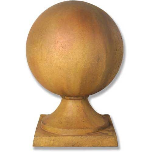 Ornate old world European finial with a classical spherical design on a square pedestal base, evoking Renaissance architectural style.