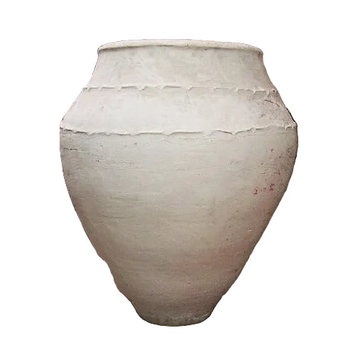 Large old world European urn with a rounded body, subtle horizontal ridges, and a classical, weathered appearance.