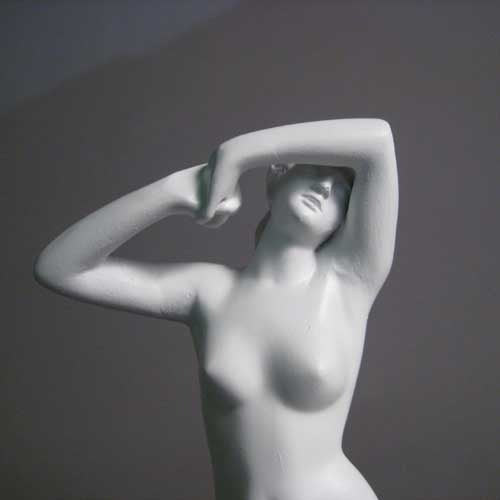 Classical female torso sculpture with raised arms, inspired by Renaissance and Greek art, featuring smooth, elegant contours. Side View