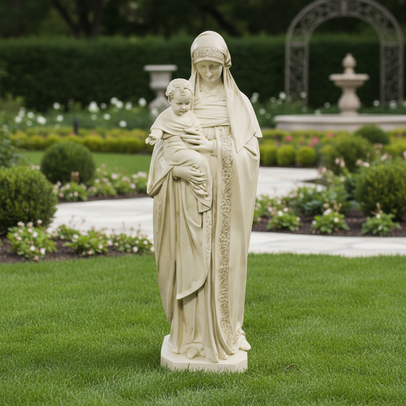Madonna and Child statue in classical Renaissance style with ornate drapery and serene facial expressions. Different Angle