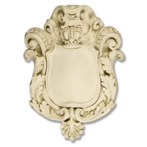 Ornate old world European shield plaque with Baroque scrollwork, acanthus leaf details, and a classical crown crest at the top.