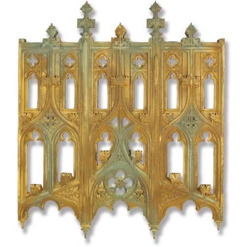Gothic architectural panel with ornate tracery, pointed arches, quatrefoil details, and decorative finials in old world European style