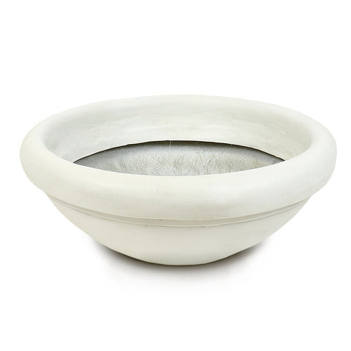 Wide, shallow planter bowl with a rounded rim, featuring a simple, classical silhouette inspired by old world European design. Side Angle