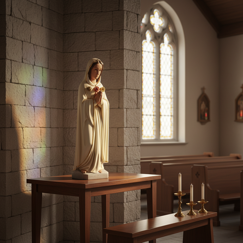 Madonna statue in classical old world European style, hands in prayer, draped robe, serene expression, ornate detailing on chest. Side Angle