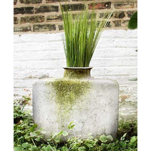 Square-shaped old world European vase with a narrow neck, featuring a weathered, mossy patina and subtle classical detailing. Side Angle