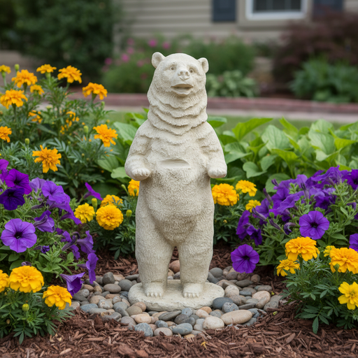 Standing bear statue with classical old world European style, featuring ornate fur detailing and a whimsical, upright posture. Side Angle