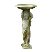 Cherub pedestal birdbath with ornate old world European detailing and classical Renaissance-inspired sculptural design.