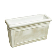 Rectangular planter box with classical old world European design, featuring ornate raised panel detailing and a traditional architectural rim. Side Angle