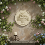 Ornate round medallion featuring a classical Baroque floral basket relief with intricate old world European detailing. Side Angle