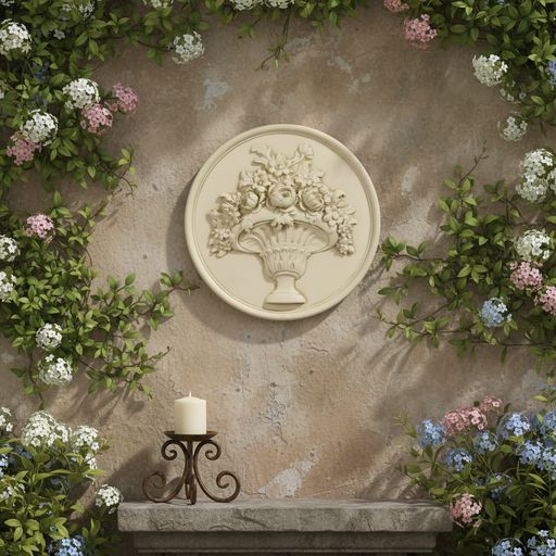 Ornate round medallion featuring a classical Baroque floral basket relief with intricate old world European detailing. Side Angle
