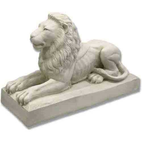 Regal lion statue in classical old world European style, featuring ornate detailing and a majestic, reclining pose on a rectangular base.