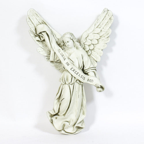 Baroque-style angel with flowing robes and outstretched wings holding a scroll inscribed with "Gloria in Excelsis Deo" Side View