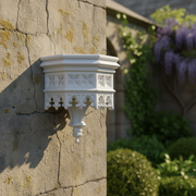 Ornate Gothic wall shelf with pointed arches, quatrefoil motifs, and classical old world European architectural detailing. Side Angle