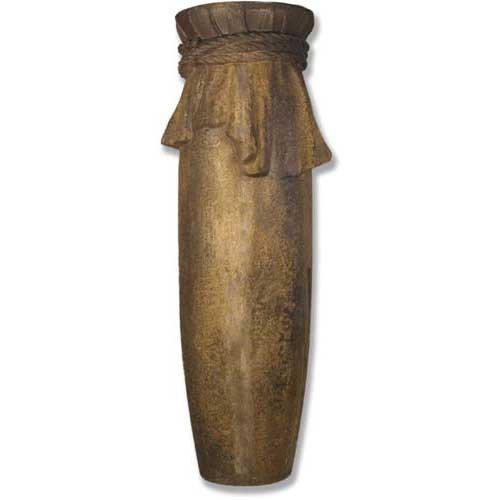 Tall, ornate old world European vase with classical draped detailing and rope accent near the rim, featuring a weathered finish.