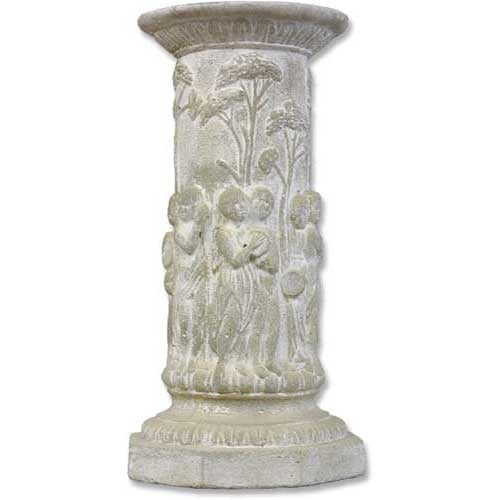 Ornate classical pedestal with carved Renaissance figures and botanical motifs in old world European style.