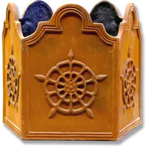 Ornate planter with classical European motifs, featuring raised medallion designs and scalloped Baroque-inspired edges.