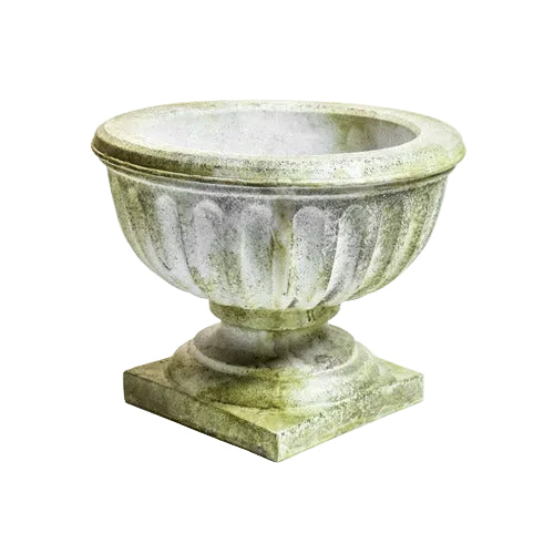 Classical urn planter with fluted bowl, ornate pedestal base, and old world European design reminiscent of Renaissance garden decor.