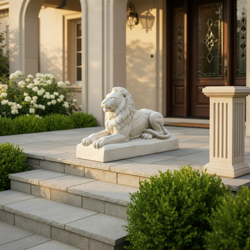 Regal lion statue in classical old world European style, featuring ornate detailing and a majestic, reclining pose on a rectangular base. Side Angle