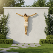 Crucifix statue in classical Renaissance style with ornate detailing, featuring Christ with outstretched arms and crown of thorns. Different Angle
