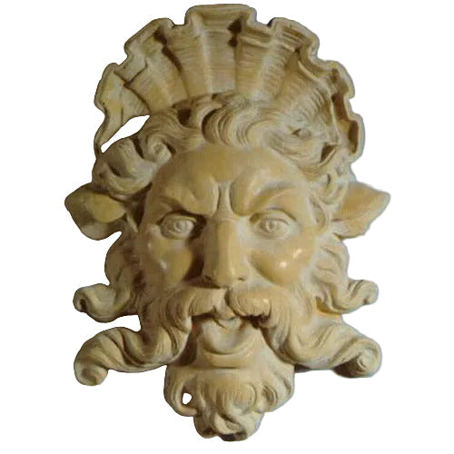 Grotesque old world European face sculpture with ornate Baroque detailing, flowing beard, and dramatic classical expression.