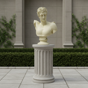 Classical Greek-style male bust with curly hair and detailed facial features, displayed on a round pedestal base. Side Angle