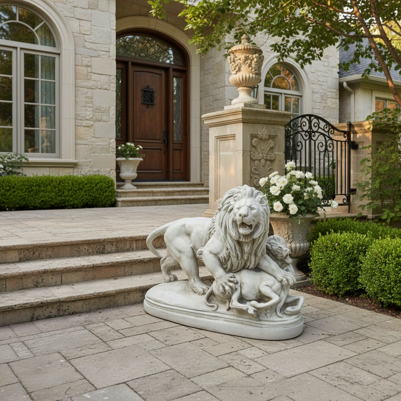 Lion sculpture in classical Baroque style, depicted mid-roar with detailed mane, standing over a subdued animal on an ornate base. Side Angle