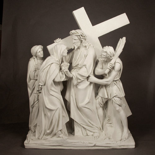 Jesus carrying a cross, surrounded by three figures in ornate, classical old world European style with dramatic, detailed expressions. Different Angle
