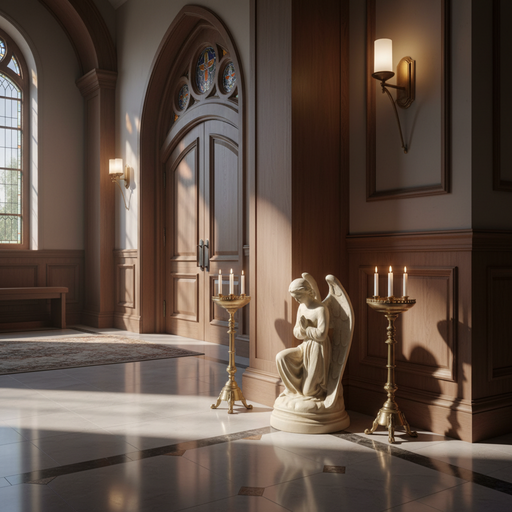 Kneeling angel statue with folded hands, detailed wings, and flowing robes in an old world European classical style. Side Angle