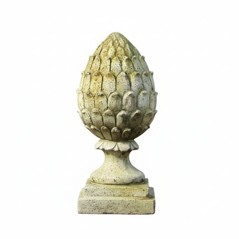 Pinecone finial with ornate, old world European detailing and classical pedestal base, inspired by Renaissance garden decor. Side View