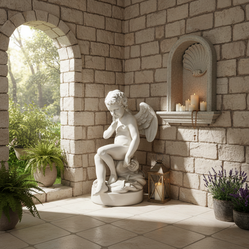Cherub statue in classical Renaissance style, seated with one finger to lips, detailed wings and ornate base with draped fabric. Side Angle