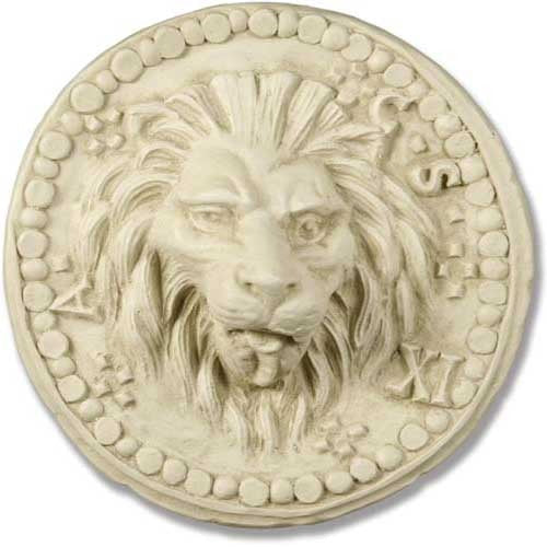 Lion head medallion with classical old world European style, ornate beaded border, and Roman numerals in relief.