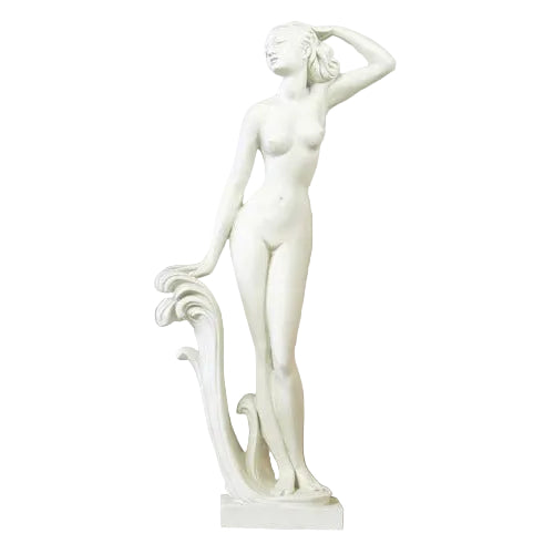 Classical nude female statue in a graceful pose with flowing Baroque-inspired details and ornate sculptural accents.