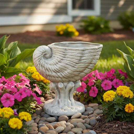 Nautilus shell-shaped vessel with ornate, old world European detailing and classical pedestal base. Side Angle