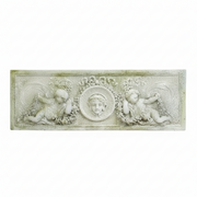 Rectangular old world European relief panel with ornate cherubs and classical face medallion in Baroque architectural style. Side View