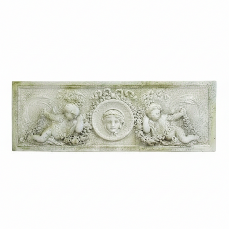 Rectangular old world European relief panel with ornate cherubs and classical face medallion in Baroque architectural style. Side View