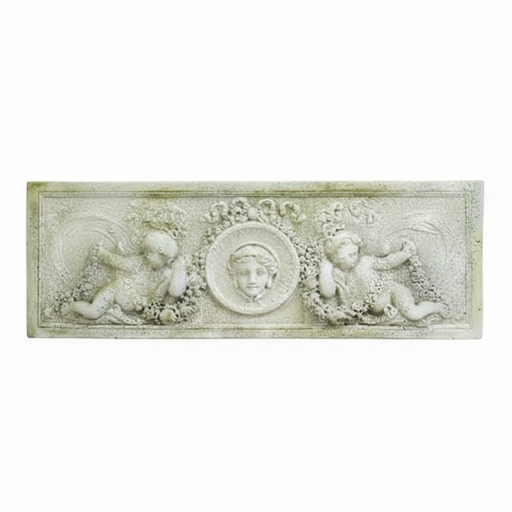 Rectangular old world European relief panel with ornate cherubs and classical face medallion in Baroque architectural style. Side View