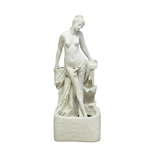 Classical Renaissance-style female statue with draped cloth, standing in a graceful pose on an ornate pedestal.