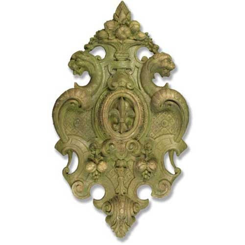 Ornate old world European wall plaque with classical scrollwork, floral accents, and Baroque-inspired symmetrical detailing.