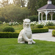 Foo dog statue with ornate detailing, classical old world European style, intricate mane, and decorative tassel necklace Side Angle