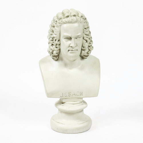 Classical European bust with ornate, curly hair in old world style, displayed on a pedestal with Renaissance-inspired detailing. Different Angle