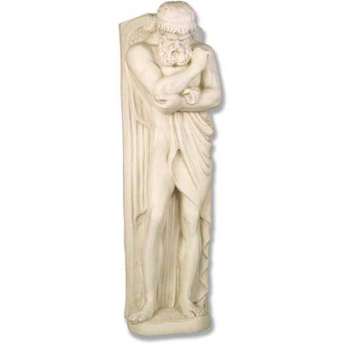 Classical Greek-style male statue with draped cloth, ornate beard, and detailed facial features in a contemplative pose.