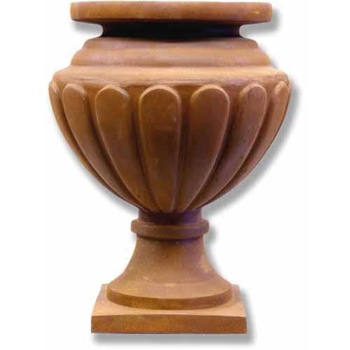 Ornate old world European urn with fluted Baroque detailing and classical pedestal base, featuring a rounded, sculptural form.