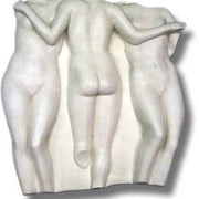 Three classical Greek-style female figures in relief, standing closely together with graceful, flowing, and ornate sculptural details.