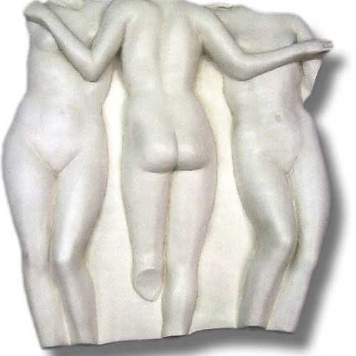 Three classical Greek-style female figures in relief, standing closely together with graceful, flowing, and ornate sculptural details.