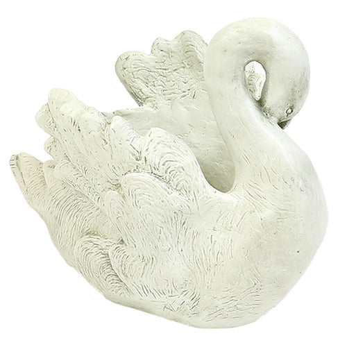 Swan planter with detailed feathers, sculpted in an old world European style with classical, ornate accents and graceful curves. Different Angle