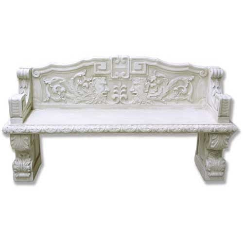 Ornate bench with classical old world European design, featuring intricate Baroque scrollwork and Renaissance-inspired carvings.
