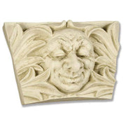 Grotesque face relief with ornate, swirling Baroque foliage in old world European architectural style.